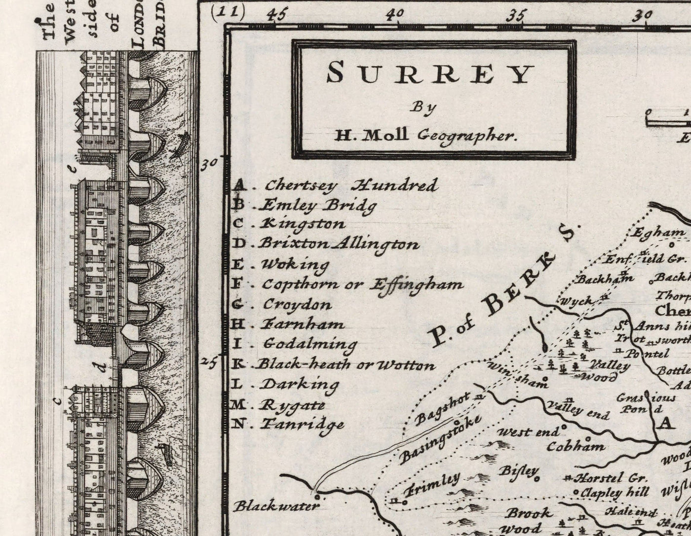 Old Map of Surrey 1724 by Herman Moll - Woking, Guildford, Croydon, Richmond, Lambeth, Southwark