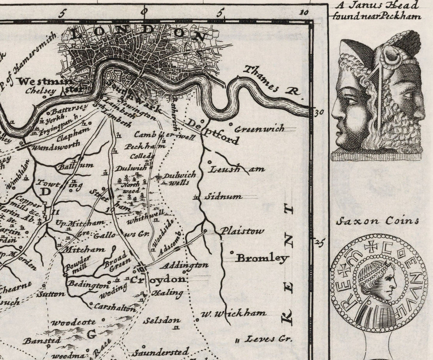 Old Map of Surrey 1724 by Herman Moll - Woking, Guildford, Croydon, Richmond, Lambeth, Southwark