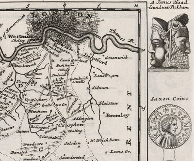 Old Map of Surrey 1724 by Herman Moll - Woking, Guildford, Croydon, Richmond, Lambeth, Southwark