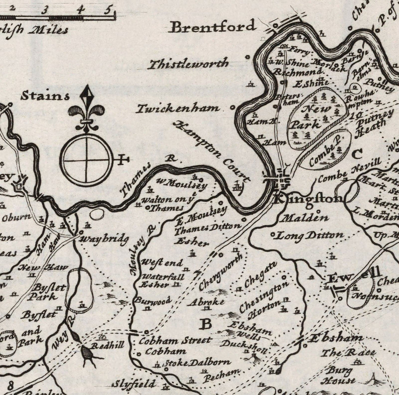 Old Map of Surrey 1724 by Herman Moll - Woking, Guildford, Croydon, Richmond, Lambeth, Southwark