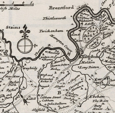 Old Map of Surrey 1724 by Herman Moll - Woking, Guildford, Croydon, Richmond, Lambeth, Southwark