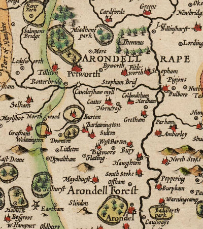 Alte Karte von Sussex im Jahr 1611 von John Speed - Worthing, Crawley, Brighton, Bognor, Eastbourne 