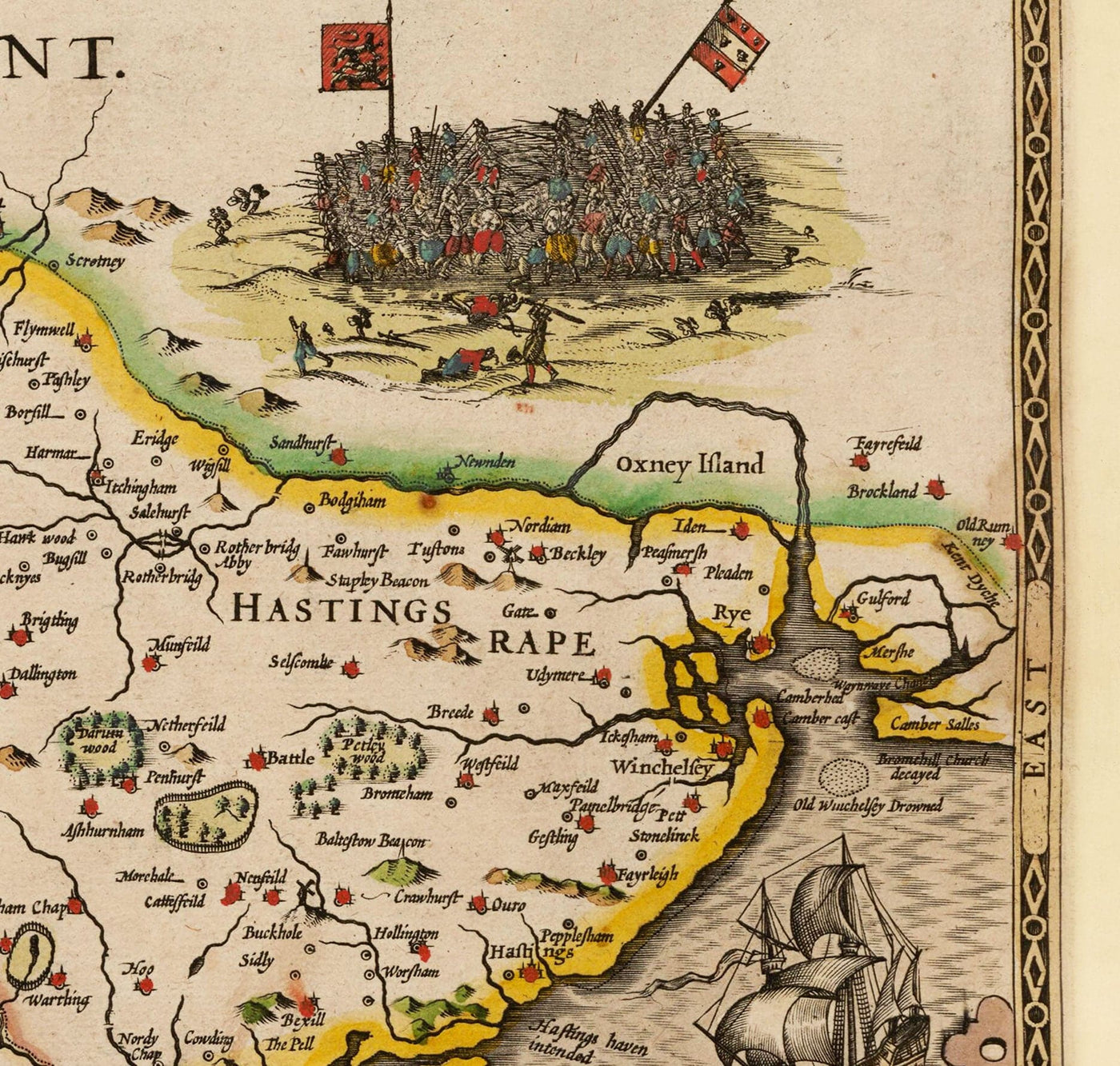 Alte Karte von Sussex im Jahr 1611 von John Speed - Worthing, Crawley, Brighton, Bognor, Eastbourne 