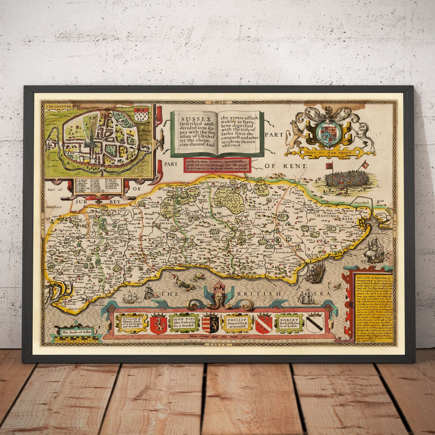 Alte Karte von Sussex im Jahr 1611 von John Speed - Worthing, Crawley, Brighton, Bognor, Eastbourne 