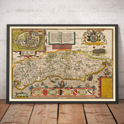 Alte Karte von Sussex im Jahr 1611 von John Speed - Worthing, Crawley, Brighton, Bognor, Eastbourne 