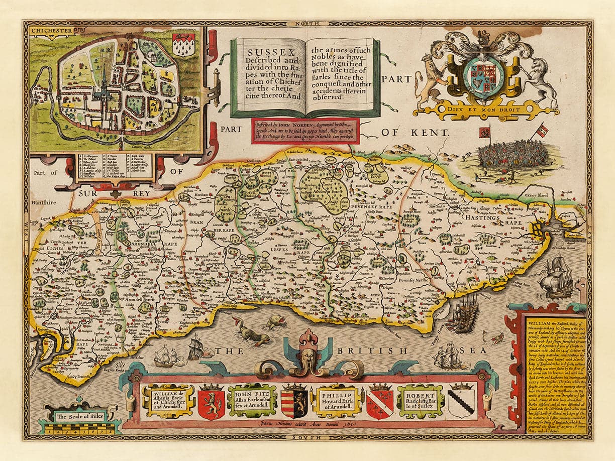 Alte Karte von Sussex im Jahr 1611 von John Speed - Worthing, Crawley, Brighton, Bognor, Eastbourne 