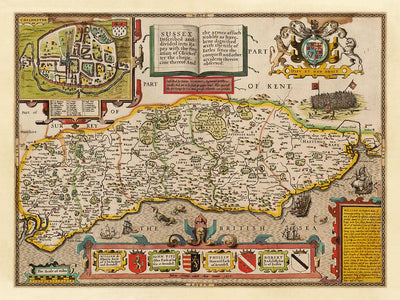 Alte Karte von Sussex im Jahr 1611 von John Speed - Worthing, Crawley, Brighton, Bognor, Eastbourne 