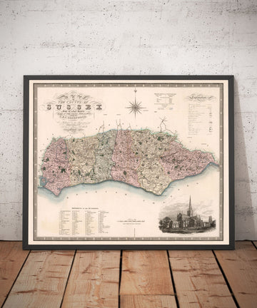 Old Map of Sussex 1829 by Greenwood & Co. - Worthing, Crawley, Brighton, Bognor, Eastbourne