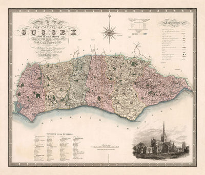 Old Map of Sussex 1829 by Greenwood & Co. - Worthing, Crawley, Brighton, Bognor, Eastbourne