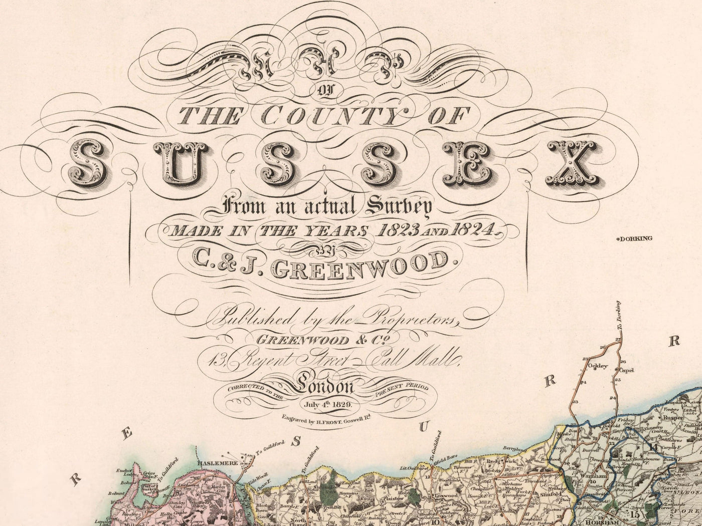 Old Map of Sussex 1829 by Greenwood & Co. - Worthing, Crawley, Brighton, Bognor, Eastbourne