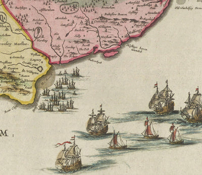 Old Map of Sussex in 1665 by Joan Blaeu - East, West, Mid Sussex, Worthing, Crawley, Brighton, Bognor, Eastbourne