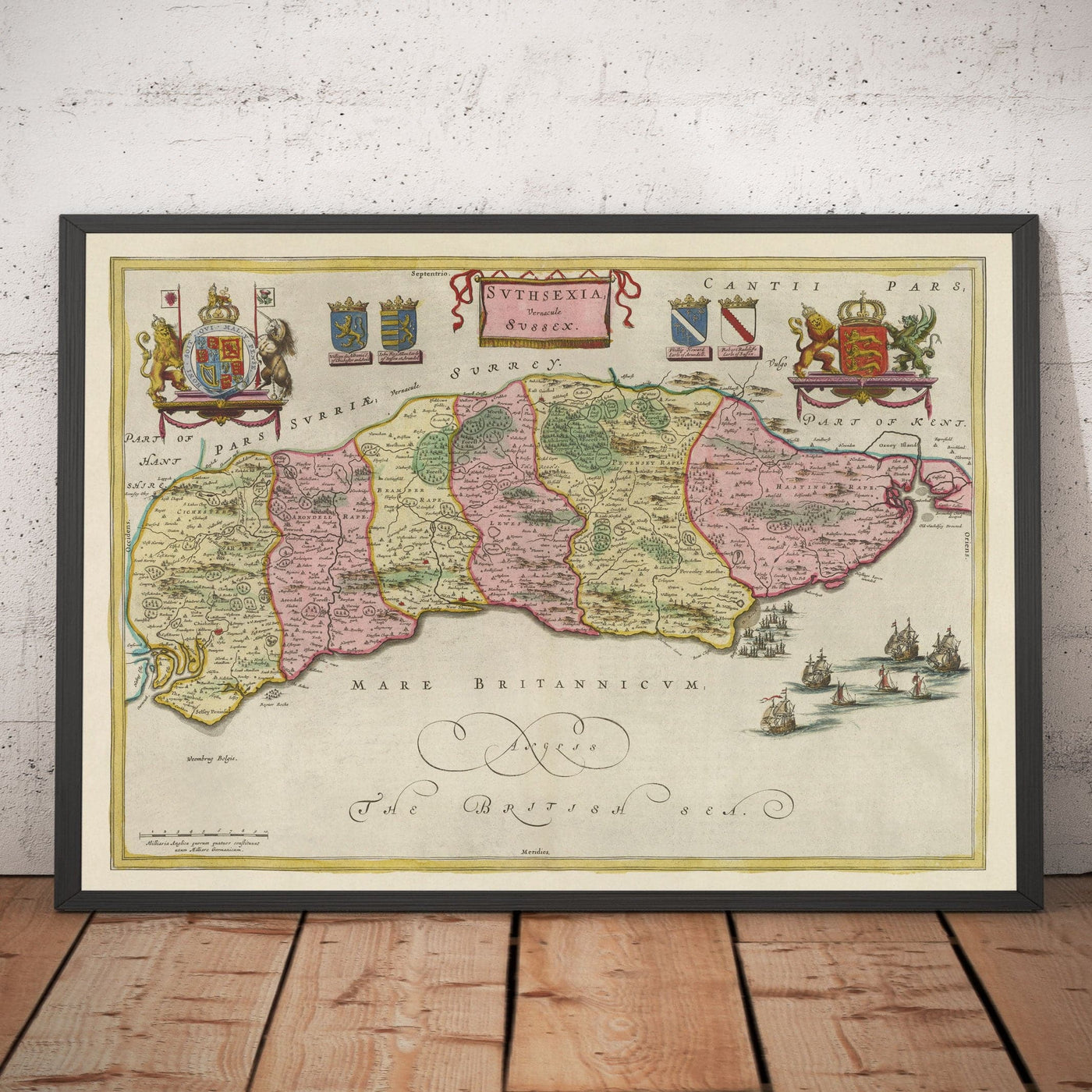Old Map of Sussex in 1665 by Joan Blaeu - East, West, Mid Sussex, Worthing, Crawley, Brighton, Bognor, Eastbourne