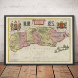 Alte Karte von Sussex im Jahr 1665 von Joan Blaeu - Ost-, West-, Mittel-Sussex, Worthing, Crawley, Brighton, Bognor, Eastbourne 