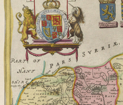 Old Map of Sussex in 1665 by Joan Blaeu - East, West, Mid Sussex, Worthing, Crawley, Brighton, Bognor, Eastbourne