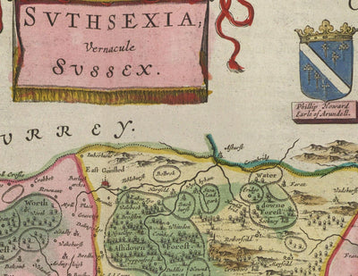 Old Map of Sussex in 1665 by Joan Blaeu - East, West, Mid Sussex, Worthing, Crawley, Brighton, Bognor, Eastbourne