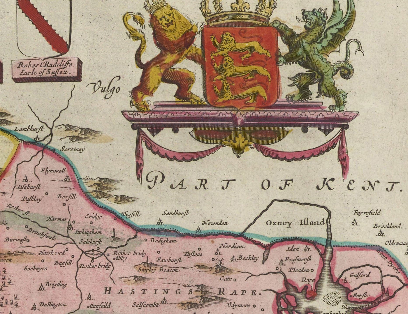 Old Map of Sussex in 1665 by Joan Blaeu - East, West, Mid Sussex, Worthing, Crawley, Brighton, Bognor, Eastbourne