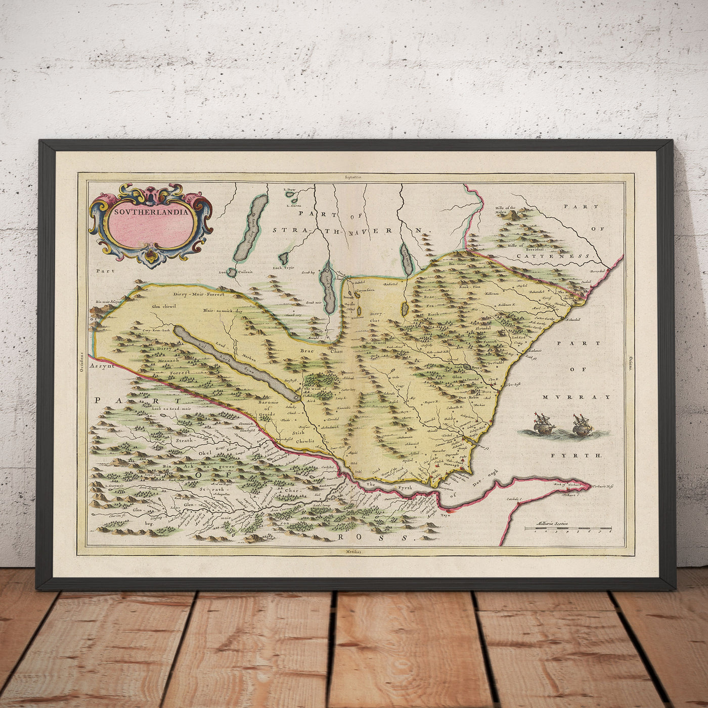 Antiguo mapa de Sutherland en 1665 por Joan Blaeu - Dornoch, Tain, Brora, Skelbo, Helmsdale