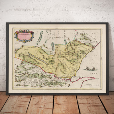 Antiguo mapa de Sutherland en 1665 por Joan Blaeu - Dornoch, Tain, Brora, Skelbo, Helmsdale