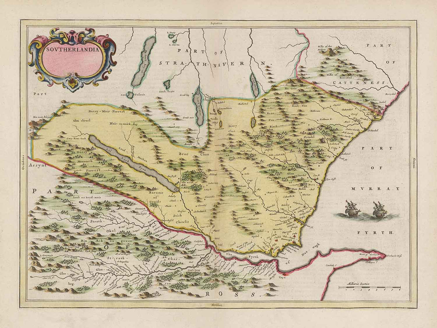 Antiguo mapa de Sutherland en 1665 por Joan Blaeu - Dornoch, Tain, Brora, Skelbo, Helmsdale