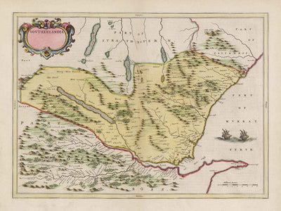 Antiguo mapa de Sutherland en 1665 por Joan Blaeu - Dornoch, Tain, Brora, Skelbo, Helmsdale