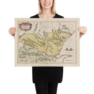 Antiguo mapa de Sutherland en 1665 por Joan Blaeu - Dornoch, Tain, Brora, Skelbo, Helmsdale
