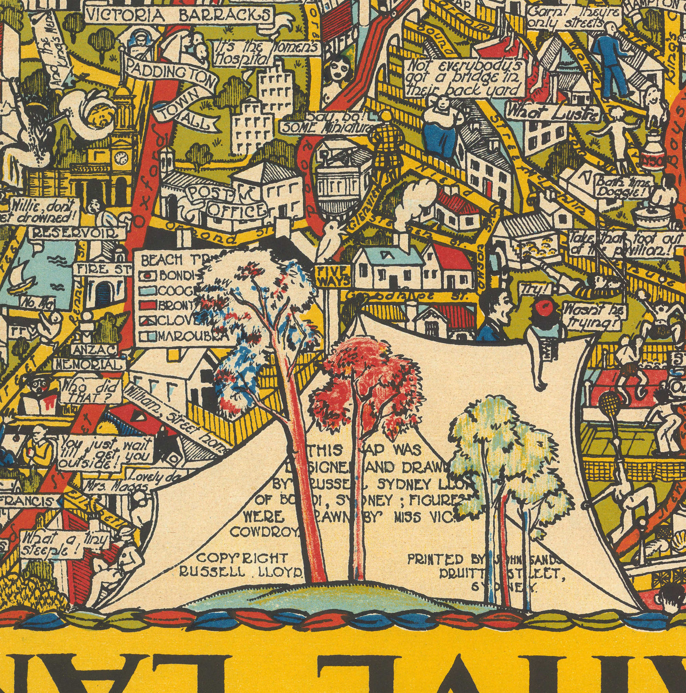 Old Pictorial Map of Sydney, 1932 by Russell Lloyd - Harbour Bridge, Bays, Central Station, Botanic Gardens & Mermaids!