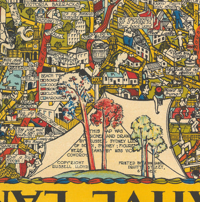Old Pictorial Map of Sydney, 1932 by Russell Lloyd - Harbour Bridge, Bays, Central Station, Botanic Gardens & Mermaids!