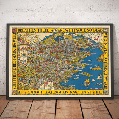 Old Pictorial Map of Sydney, 1932 by Russell Lloyd - Harbour Bridge, Bays, Central Station, Botanic Gardens & Mermaids!