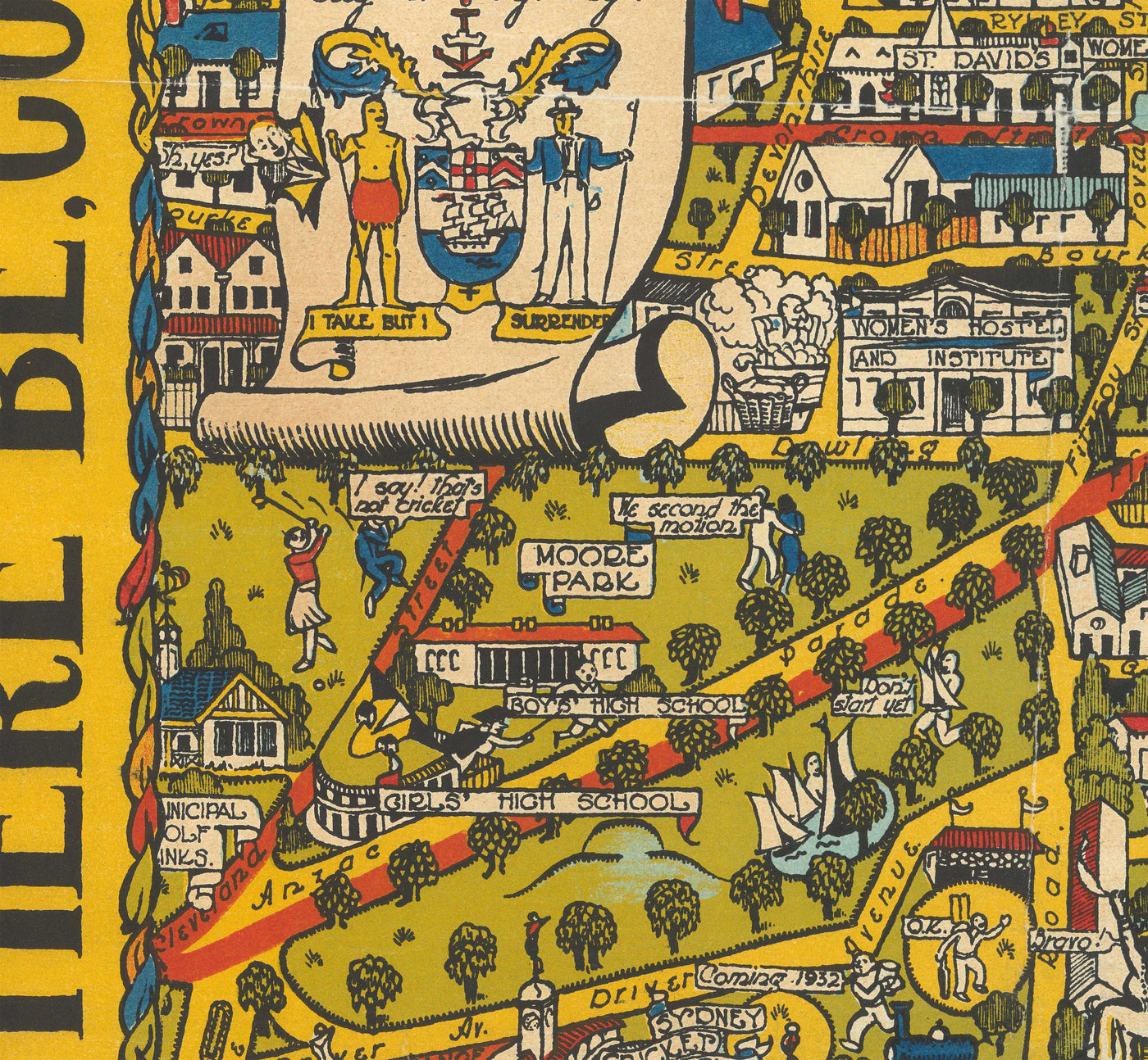 Old Pictorial Map of Sydney, 1932 by Russell Lloyd - Harbour Bridge, Bays, Central Station, Botanic Gardens & Mermaids!