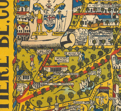 Old Pictorial Map of Sydney, 1932 by Russell Lloyd - Harbour Bridge, Bays, Central Station, Botanic Gardens & Mermaids!