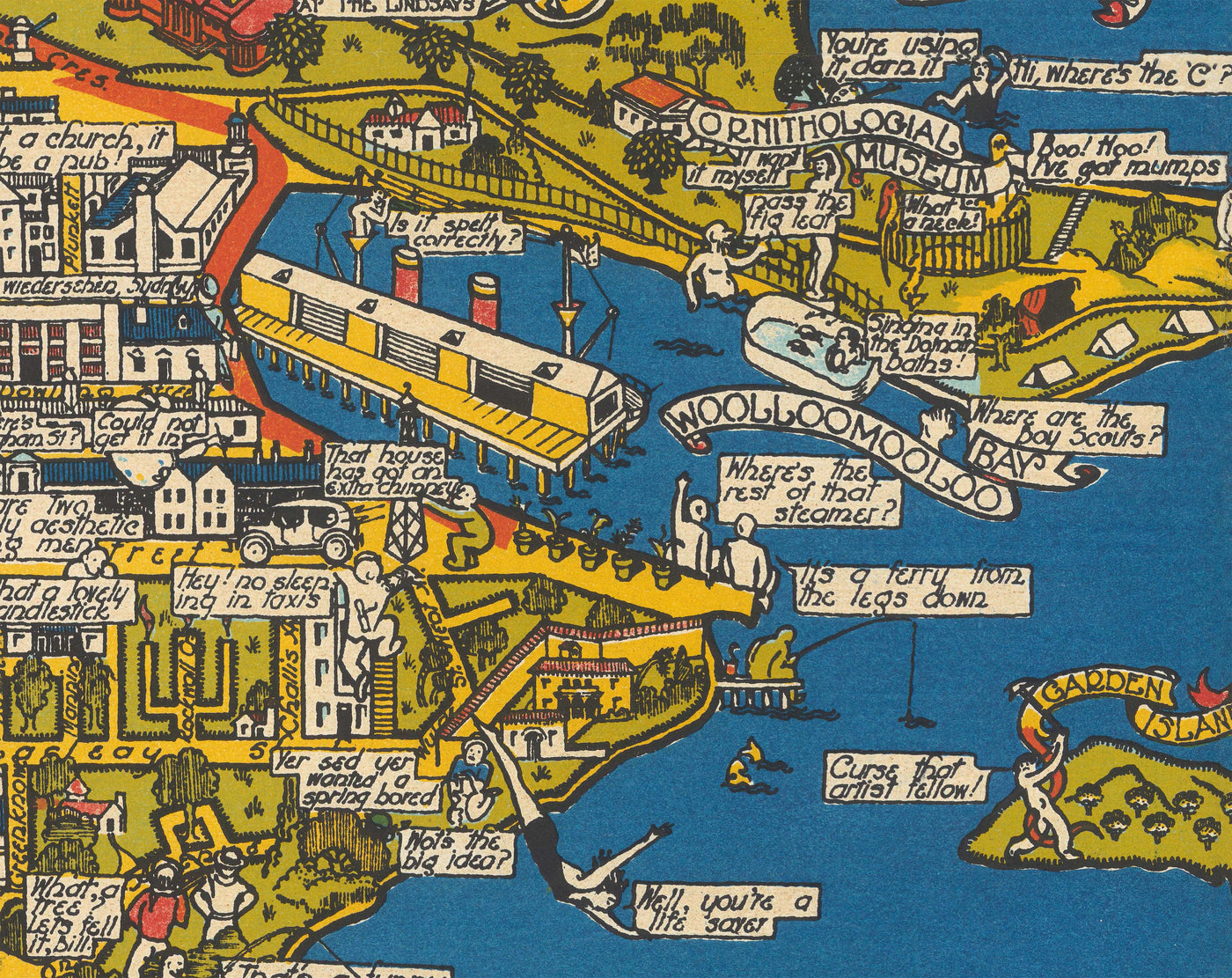 Old Pictorial Map of Sydney, 1932 by Russell Lloyd - Harbour Bridge, Bays, Central Station, Botanic Gardens & Mermaids!