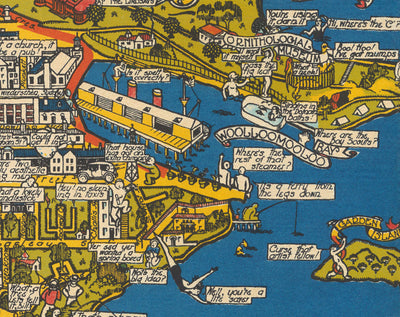 Old Pictorial Map of Sydney, 1932 by Russell Lloyd - Harbour Bridge, Bays, Central Station, Botanic Gardens & Mermaids!