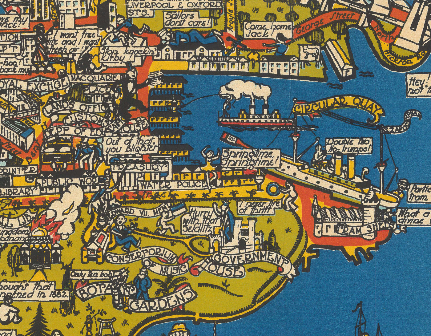 Old Pictorial Map of Sydney, 1932 by Russell Lloyd - Harbour Bridge, Bays, Central Station, Botanic Gardens & Mermaids!