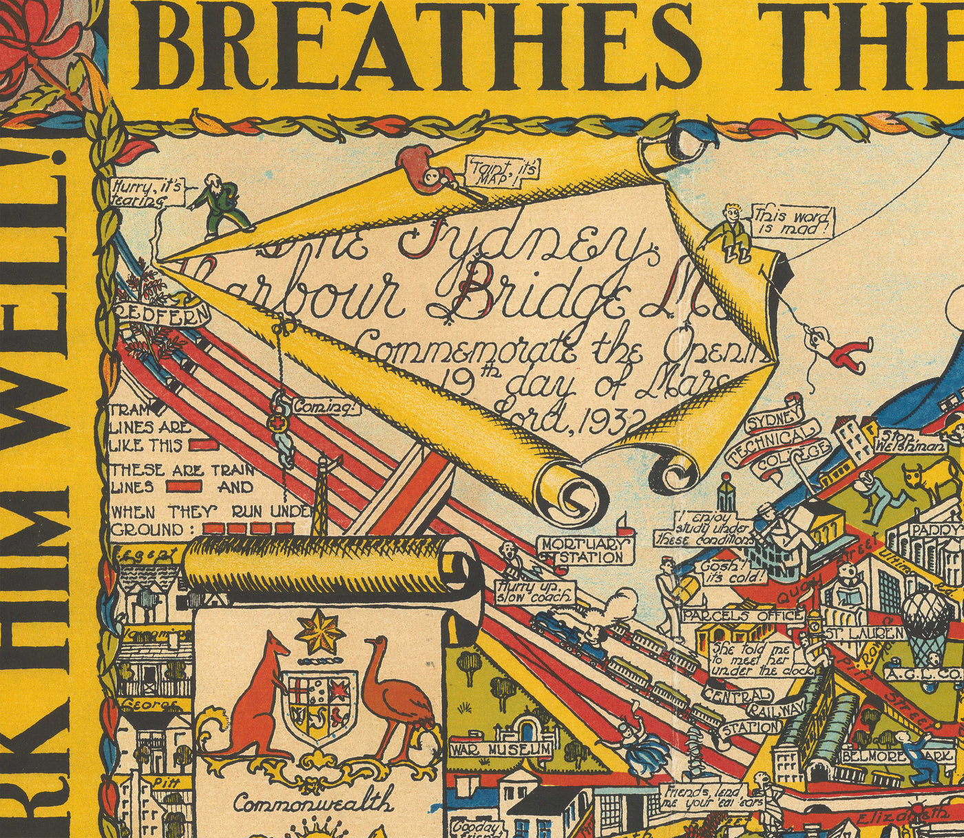 Old Pictorial Map of Sydney, 1932 by Russell Lloyd - Harbour Bridge, Bays, Central Station, Botanic Gardens & Mermaids!