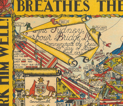 Old Pictorial Map of Sydney, 1932 by Russell Lloyd - Harbour Bridge, Bays, Central Station, Botanic Gardens & Mermaids!