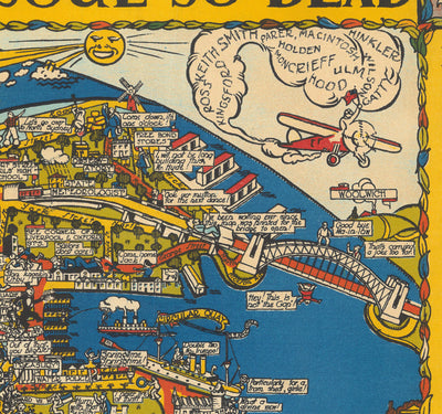 Old Pictorial Map of Sydney, 1932 by Russell Lloyd - Harbour Bridge, Bays, Central Station, Botanic Gardens & Mermaids!