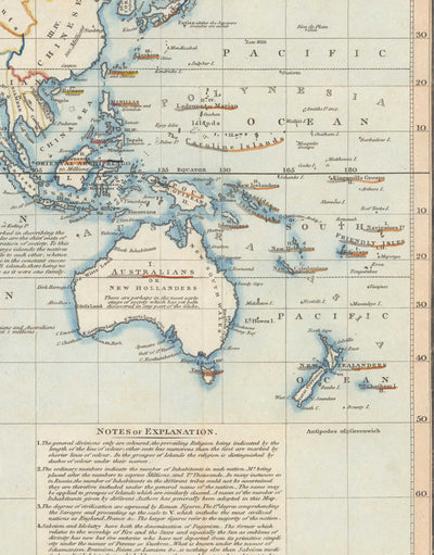 Antiguo mapa del mundo, 1818 por James Wyld - Gráfico que muestra la religión, la población y la civilización de cada país