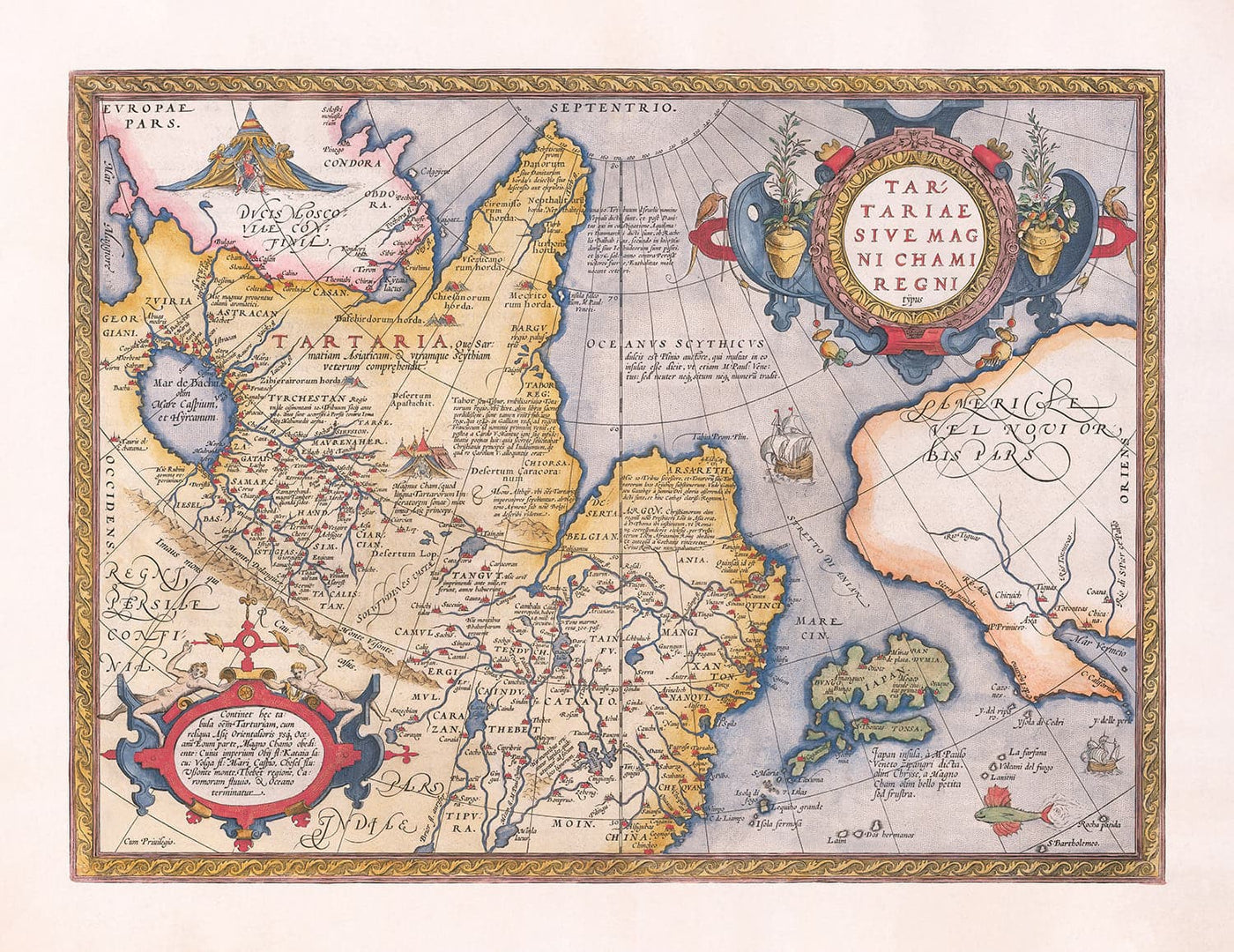 Alte Karte von Tartaren (Russland, Sibirien, China) im Jahr 1584 von Ortelius - Seltene Karte von Zentralasien, Amerika, Japan 