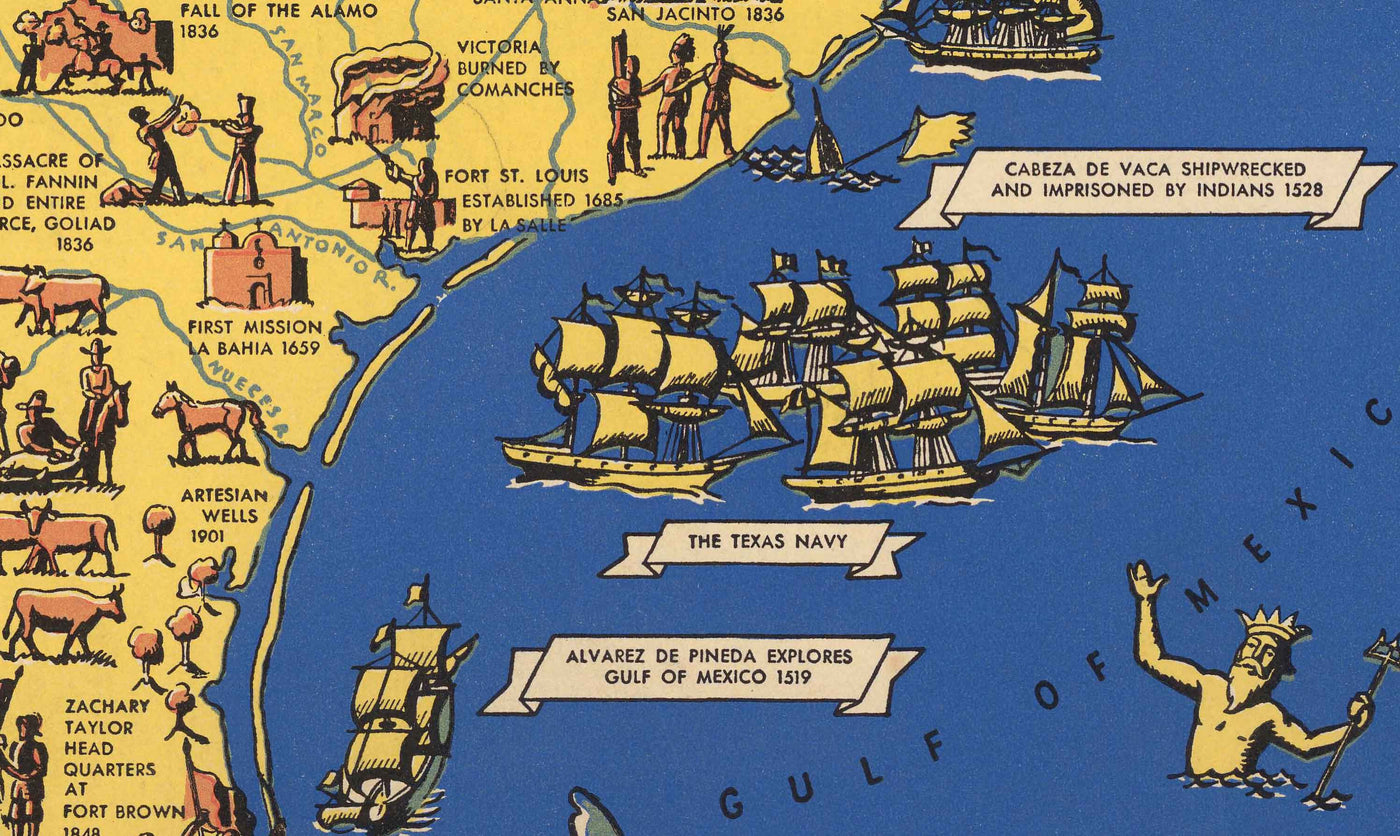 Old Pictorial Map of Texas History, 1936 - Centennial, Fall of the Alamo, Houston, Dallas, Waco, Longhorn Cattle