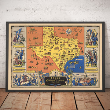 Alte bildliche Karte der Geschichte von Texas, 1936 - Jahrhundertfeier, Fall des Alamo, Houston, Dallas, Waco, Longhorn-Rinder 