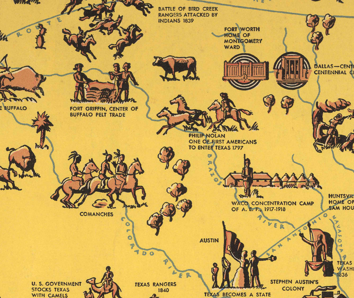 Old Pictorial Map of Texas History, 1936 - Centennial, Fall of the Alamo, Houston, Dallas, Waco, Longhorn Cattle