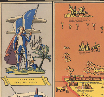 Old Pictorial Map of Texas History, 1936 - Centennial, Fall of the Alamo, Houston, Dallas, Waco, Longhorn Cattle
