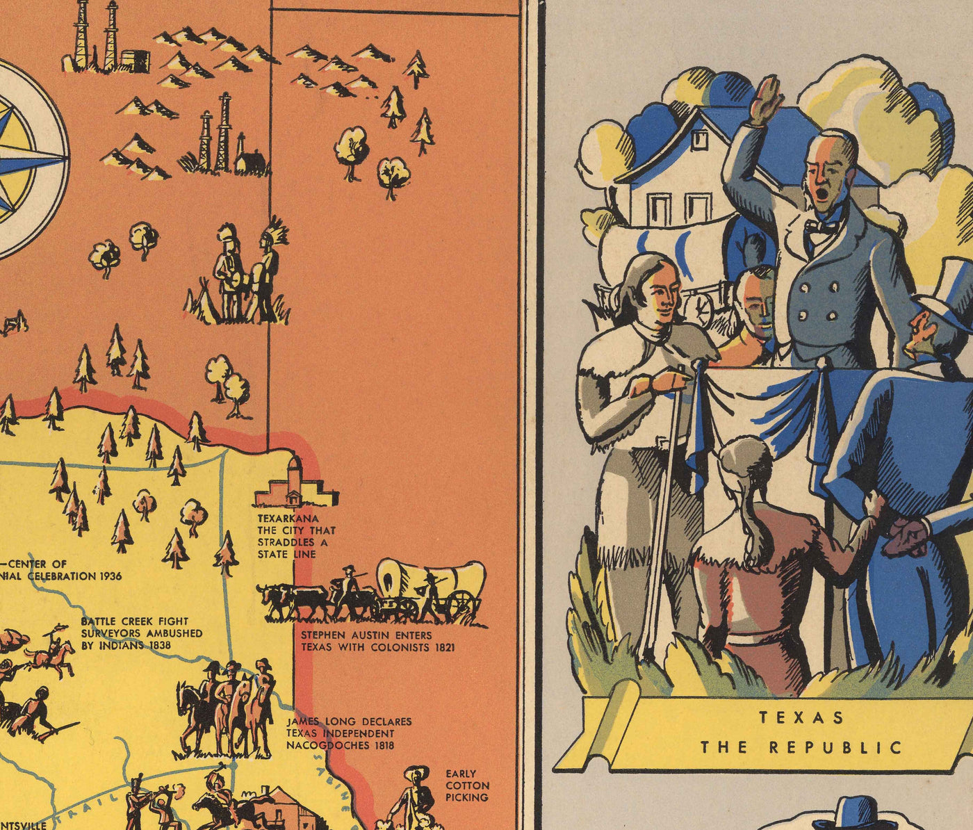 Old Pictorial Map of Texas History, 1936 - Centennial, Fall of the Alamo, Houston, Dallas, Waco, Longhorn Cattle