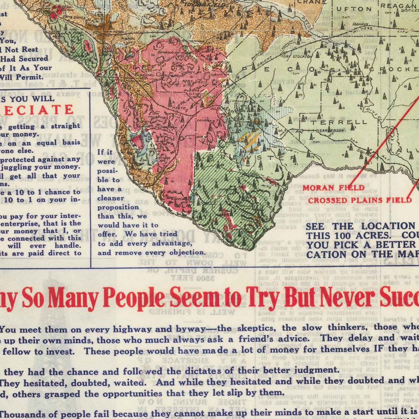 MAPA GEOLÓGICO VIEJO RARO DE TEXAS, 1921 - Tabla de inversión del auge de petróleo del condado de Eastland