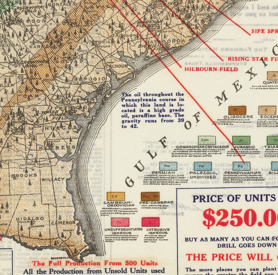 Mappa geologica antica e rara del Texas, 1921 - Grafico degli investimenti nel boom petrolifero della contea di Eastland 