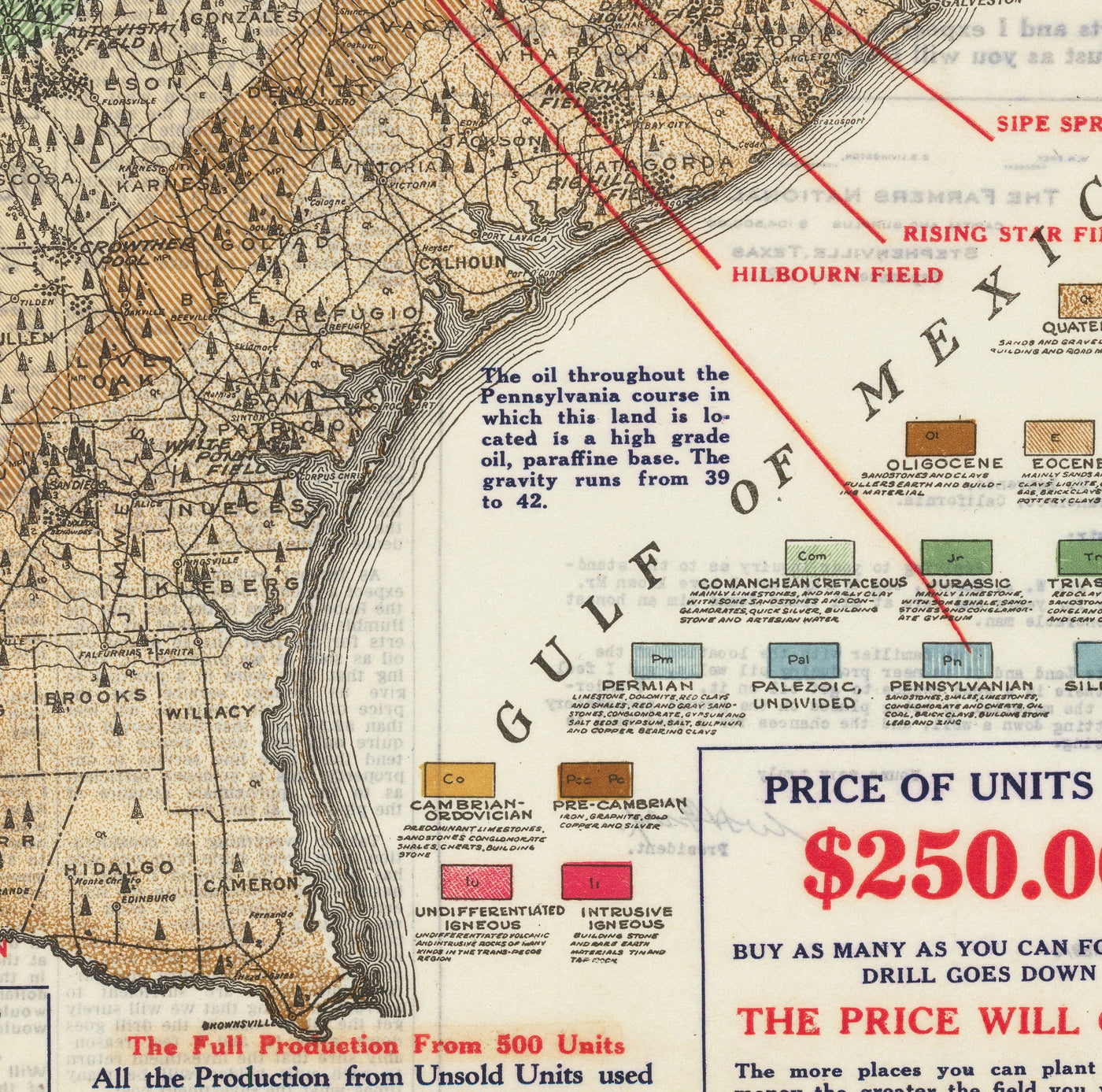 MAPA GEOLÓGICO VIEJO RARO DE TEXAS, 1921 - Tabla de inversión del auge de petróleo del condado de Eastland