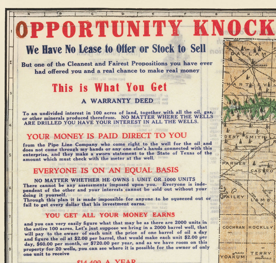 Mappa geologica antica e rara del Texas, 1921 - Grafico degli investimenti nel boom petrolifero della contea di Eastland 
