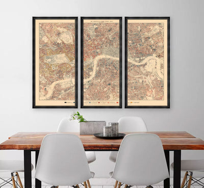 Old London Map - Antique Triptych Framed Wall Art - Greenwood 1830 or Poverty Map 1898