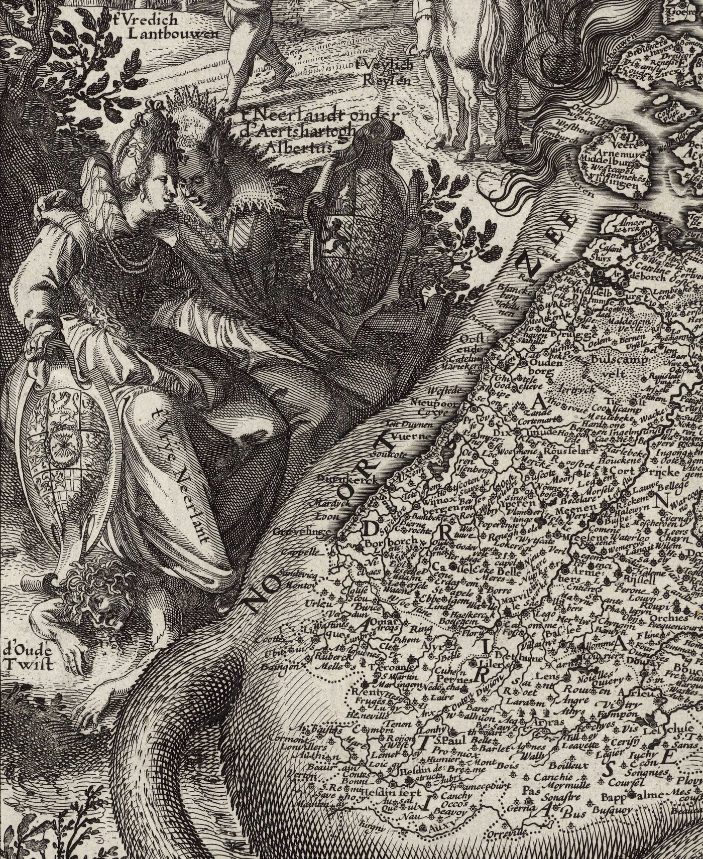 Antiguo mapa Leo Belgicus de los Países Bajos en 1611 por C. Janszoon Visscher - Países Bajos, Bélgica, Bruselas, Amsterdam, Genk