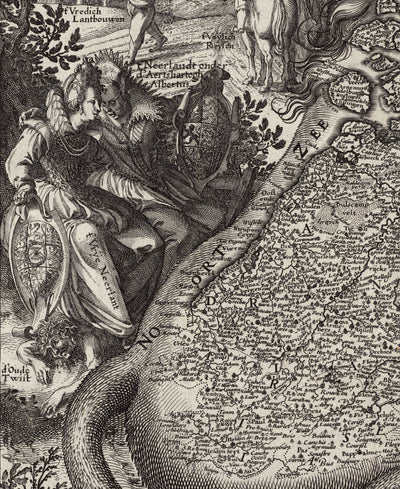 Antiguo mapa Leo Belgicus de los Países Bajos en 1611 por C. Janszoon Visscher - Países Bajos, Bélgica, Bruselas, Amsterdam, Genk